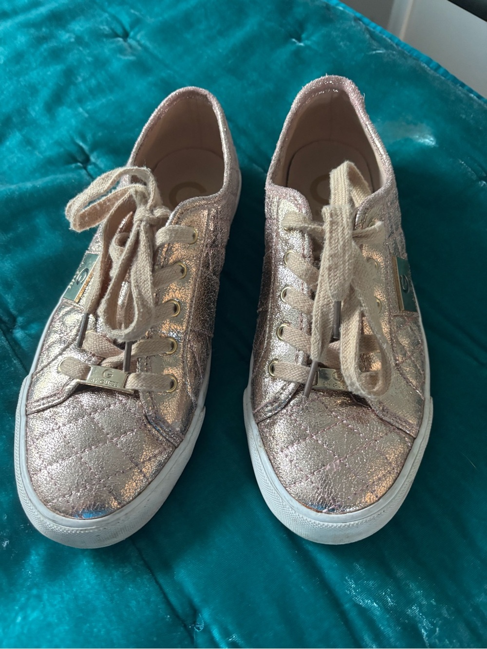 Guess Women’s Metallic Rose Gold Quilted Lace-Up Sneakers